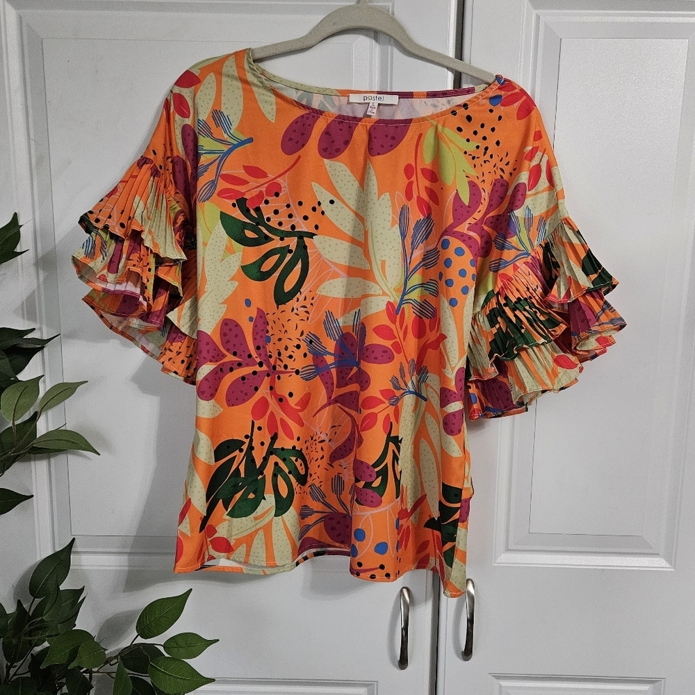 Pastels Vibrant Orange Ruffle Sleeve Blouse